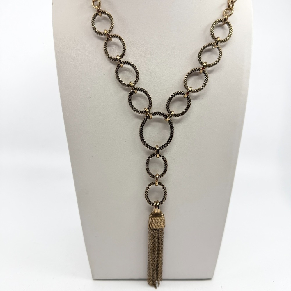 Gold Tone Tassel Necklace Textured Ring Chain Boho Chic Gift